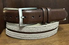 PGA Tour Brown Leather Ends Tan Cord Strap Sz 36 1-3/8”Wide Logo Bkl EUC