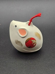 Japanese ETO Zodiac White Clay Rat Mouse Bell Ornament Charm Figure 2.25"