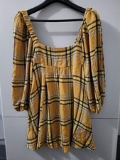URBAN OUTFITTERS Dress Womens S Yellow Mini Babydoll Square Puff Sleeve Plaid