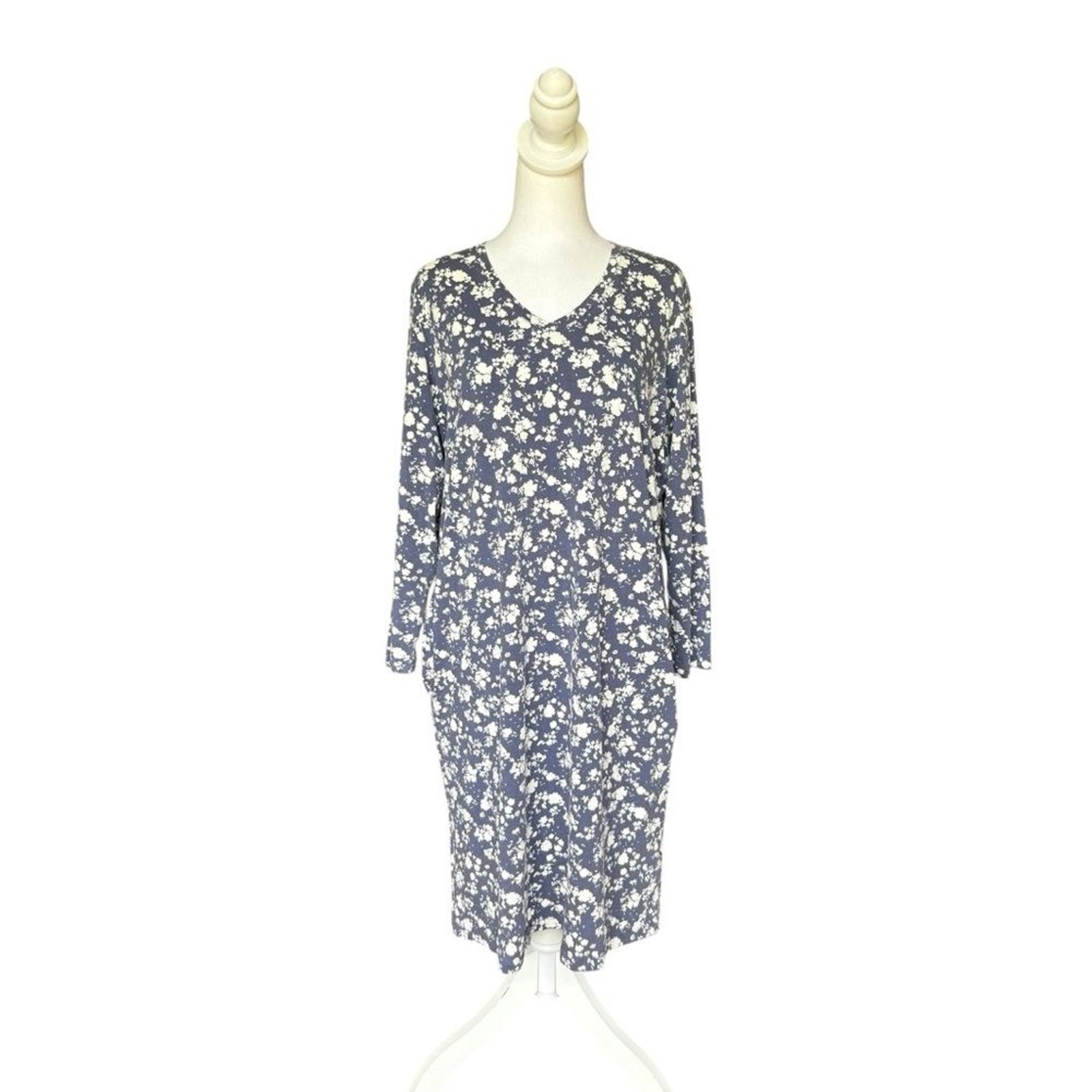 LL Bean Long Sleeve Floral Dress Organic Cotton Womens Size Medium Blue White