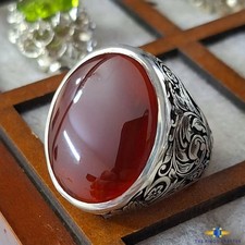 Handmade Red Yemeni Aqeeq Agate Vintage Engraved Artisan 925 Silver Men's Ring