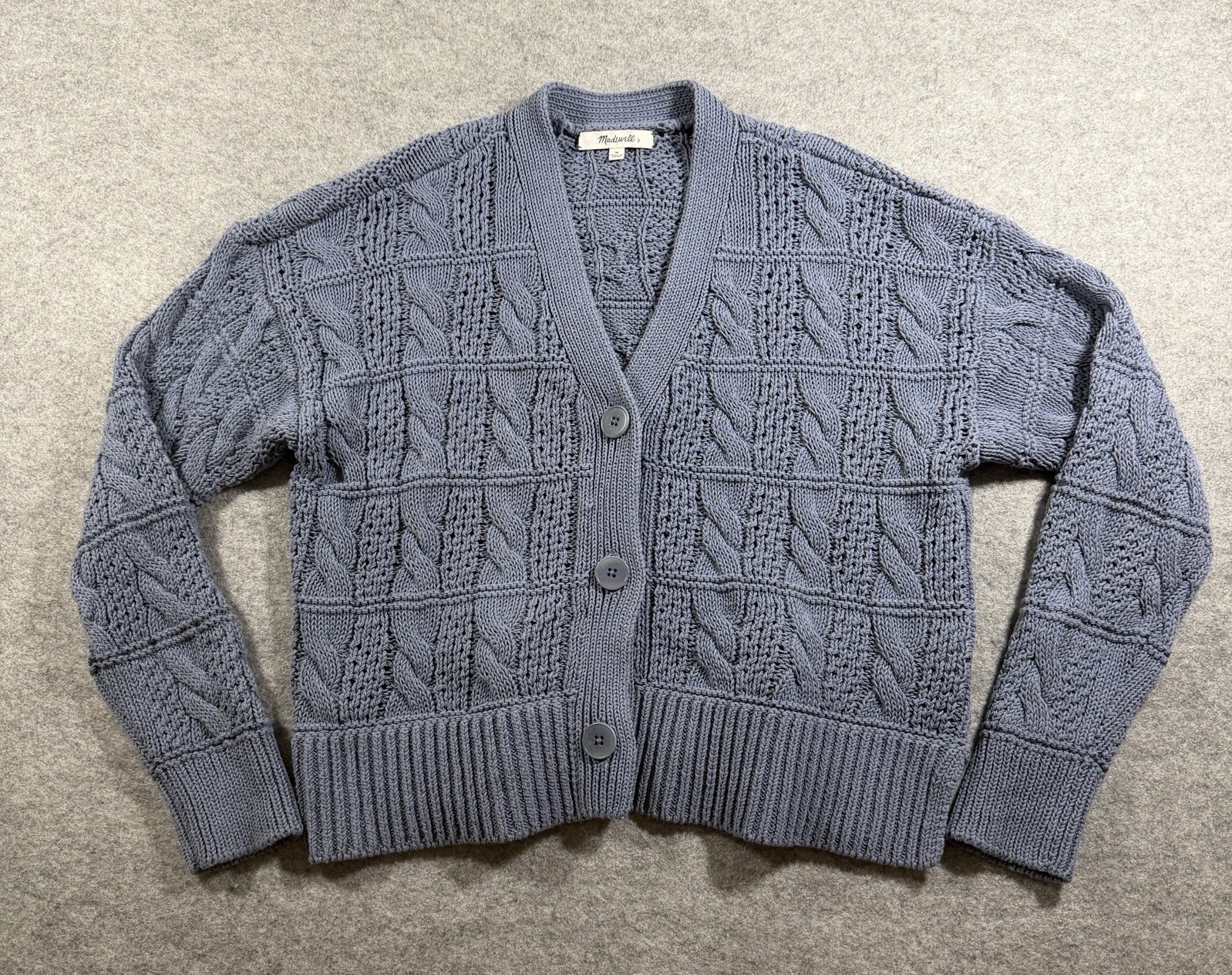 Madewell Cable Knit Cardigan Sweater Womens M Blue Cotton V Neck Button Front