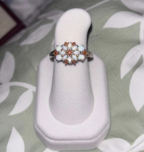Vintage Natural Fire & White Opal Floral Ring 925 Sterling Silver Size 9