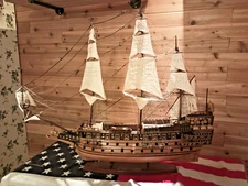 Model Ship HMS Sovereign  L42"  x H39" Brass & Wood Cloth Sails w Display Case