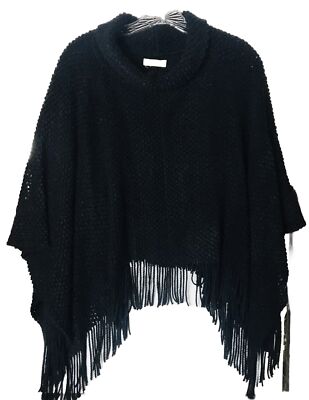 Taleen Women Black Knit Sweater Poncho Shark Bite Hem Fringe One Size Fits Most