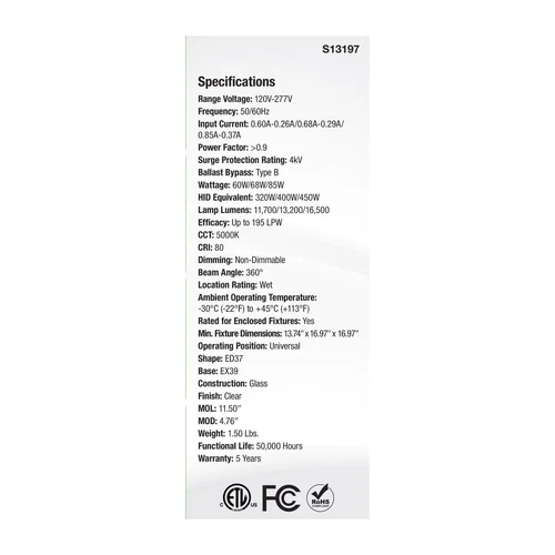 Satco S13197 - 60/68/85 Watt LED HID Replacement  - 5000K (1, 2, OR 6 Pack) - Picture 6 of 10