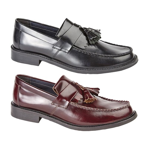 Mens Polished Leather Tasselled Loafers Shine Oxblood Lined Toggle Saddle Shoes - 第 1/2 張圖片