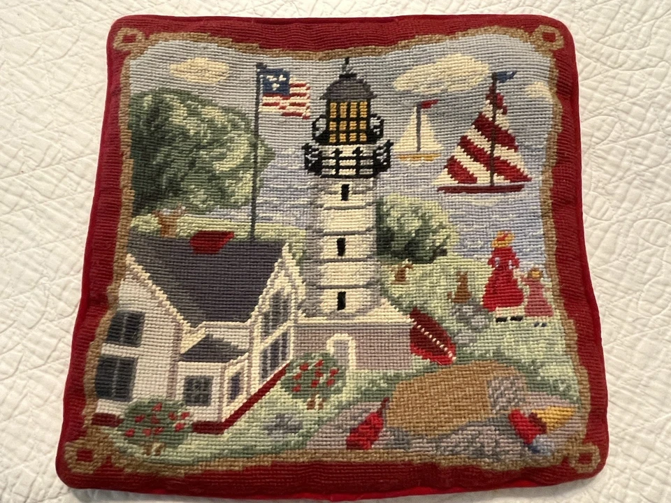 FUNDA Almohada Punto Aguja De Colección Faro Costero Veleros Terciopelo Rojo Cremallera Trasera Foto 2 de 4