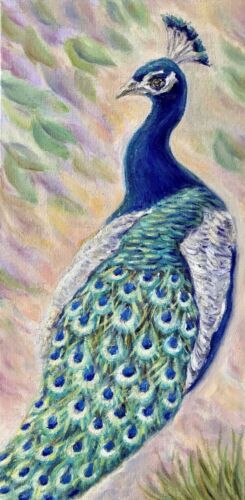 Peinture à l'huile d'oiseau bleu art mural paon original 10x20 animal décor coloré - Photo 1 sur 12