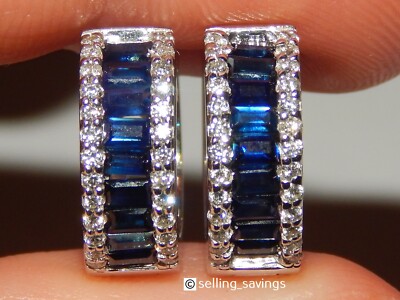 14K WHITE GOLD EFFY SAPPHIRE DIAMOND 7/10th INCH LEVERBACK HUGGIE HOOP EARRINGS