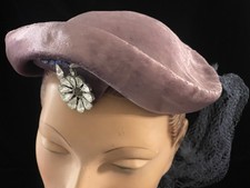Vintage 1940s Velvet Tilt Hat w/ Netting  Rhinestone - Bess Marcus, Chicago IL