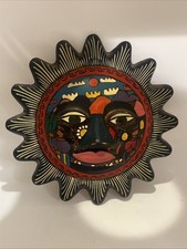 VTG Hand-painted Mexican Pottery Sun Face Wall Decor Folk Art Multicolor Signed