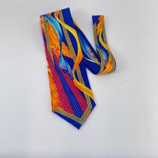 Krizia Uomo Silk Tie Mens Blue Orange Feather Polka Dot Maximalist Retro Luxury