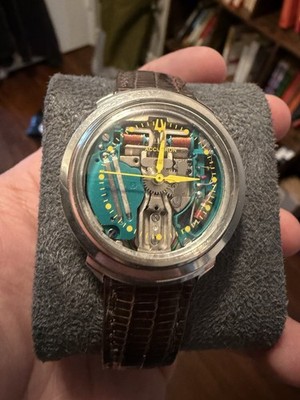 Accutron Spaceview Skeleton Dial Tuning Fork Green Silver Brown Leather Strap