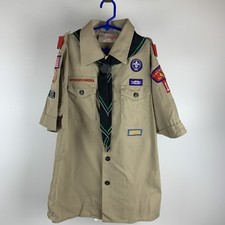 Vintage Boy Scouts of America BSA Youth Shirt Medium Tan Sewn on patches  Scarf