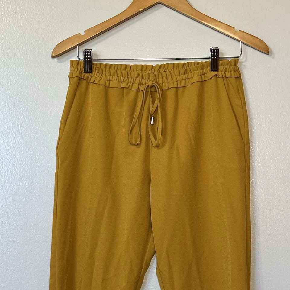 Mujer Talla Mediana Bolsa de Papel Vestido Pantalones Amarillo Mostaza Cintura Corbata Oficina Informal Foto 3 de 4