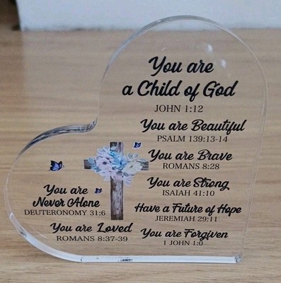 Kind Gottes Acryl herzförmiges Ornament Bibelverse, Geschenk, UK VERKÄUFER 