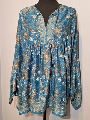 Sacred Threads Women's Blue Bohemian Floral V-neck Tunic Aqua Blue Size 0S Silky