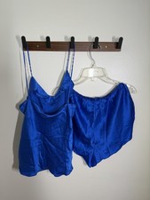Vtg Fredericks of Hollywood 100 Silk Pajama Set M Blue Cami Shorts 90s 2PC
