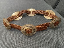 VTG 1993 Brighton Women's Brown Leather Braided Concho Concha Belt Size M
