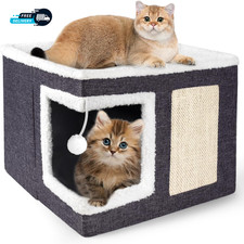 Cat Houses for Indoor Cats - Large Cat Bed Cave with Scratch Pad and Fluffy Ball