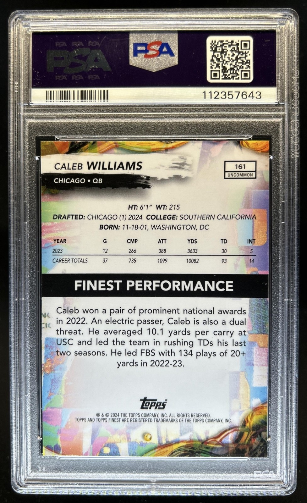2024 Finest Caleb Williams Blue Checkerboard Refractor Uncommon RC #/75 PSA 9 view 2