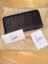 Christian Louboutin Studded Zip-Around Wallet Black Red Gold Credit Card Logo