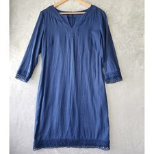 Talbots Dress Womens Size 8 Navy Blue Linen Blend Crochet Lace Trim