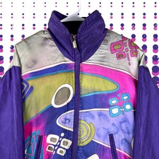Vintage 80s 90s Windbreaker Jacket Women  s Medium Purple Neon Geometric Retro