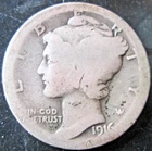 1916-S MERCURY DIME 90% SILVER, AG CONDITION, HEAVY WEAR, CIRCULATED