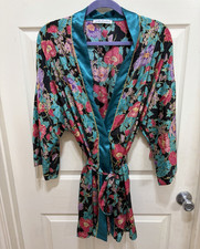 Vintage Interludes Floral Satin Robe M Made USA 80s 90s Jewel Tone Wrap Belt