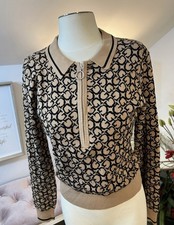 Guess All-Over Print Beige and Black Monogram Polo Zip Knit Sweater Size Large