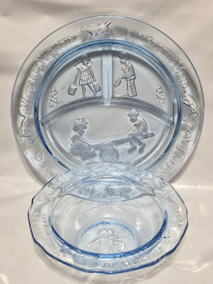 Vintage Tiara Glass Mother Goose Nursery Rhyme Childrens 2 Piece Dinner Set Blue