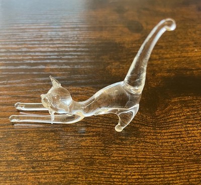 Slinky CAT - ArtGlass Figurine Clear Hand Blown Stretch Pose Miniature