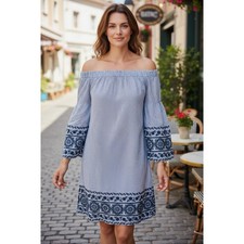Vince Camuto Off The Shoulder Dress Womens Blue White Striped Embroidered Size 4