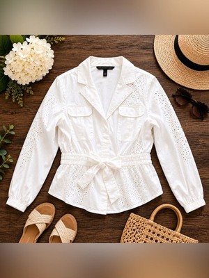 White House Black Market White Eyelet Tie-Waist Jacket Size Large
