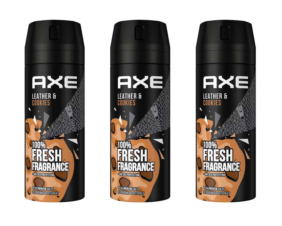 Axe Bodyspray Leather & Cookies – Deo Ohne Aluminium, 48h Schutz, 150 Ml (Packung Mit 3 Dosen)
