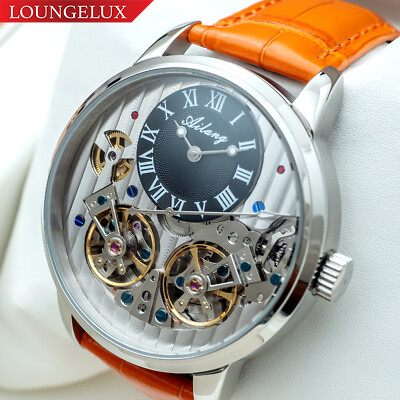 Mens Double Flywheel Automatic Mechanical Watch Silver Black Dial Orange Leather