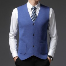 Men Wool Cashmere Blend Waistcoat Gilet Vest Jumper Sweater Suit Blazer Blue