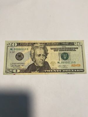 2013 $20 Bill Low Fancy True Binary Serial Number ML00000110D
