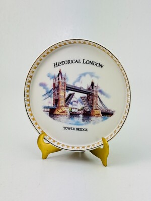 Vintage Historical London Tower Bridge England Porcelain Display Plate w/ Stand