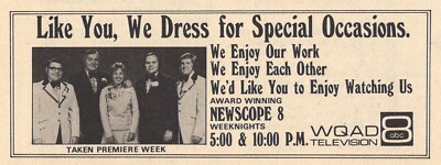 1974 WQAD IOWA TV NEWS AD ~ PREMIERE WEEK ALL DRESSED UP NEWSCOPE 8