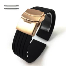 Black Rubber Silicone Watch Band Rose Gold Double Locking Buckle #4011RG