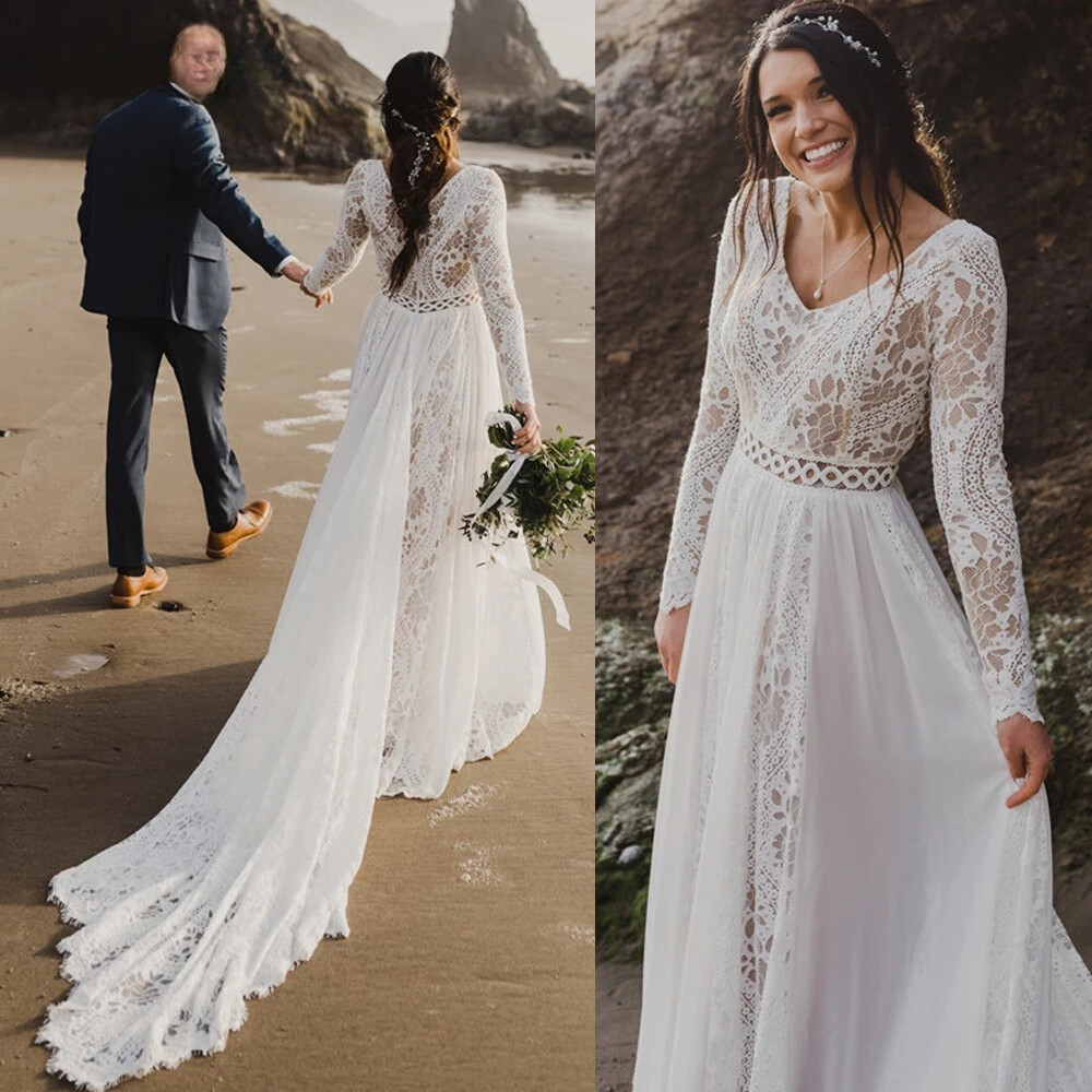 Beach Boho Wedding Dress Lace Long Sleeves Backless Chiffon A-line Bridal Gowns | eBay Beach Boho Wedding Dress Lace Long Sleeves Backless Chiffon A-line Bridal Gowns | eBay