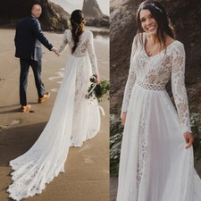 Beach Boho Wedding Dress Lace Long Sleeves Backless Chiffon A-line Bridal Gowns
