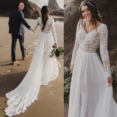 Beach Boho Wedding Dress Lace Long Sleeves Backless Chiffon A-line Bridal  Gowns | eBay