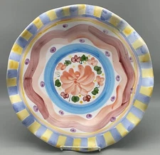 Whimsy Fluted Plate Bowl Hand Painted 13" Famous Maker Look Checkered Floral NEW