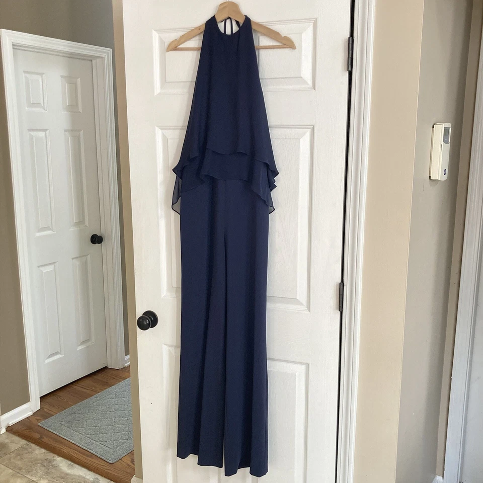 Elizabeth and James Baldwin Silk Chiffon Navy Halter Jumpsuit, Size 2 - Image 4 of 4