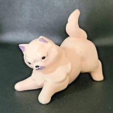 VTG Kay Finch Pottery 1940s Pink Cat Kitten Long Hair Lilac Bow repaired ear