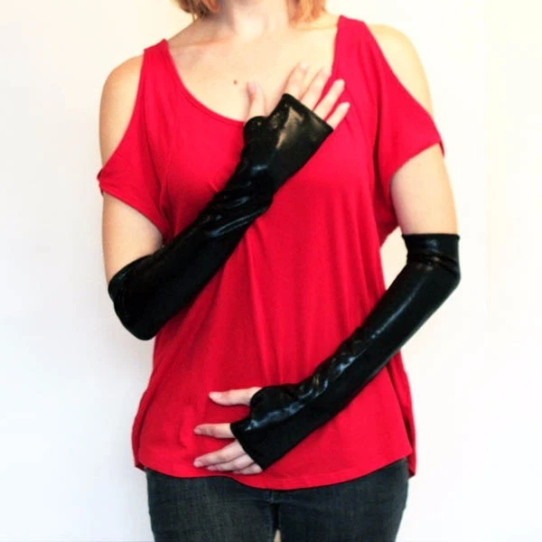 Black Shiny Fingerless Gloves PVC Long Latex Vinyl Wet look Club Cosplay Costume - Image 2 of 2